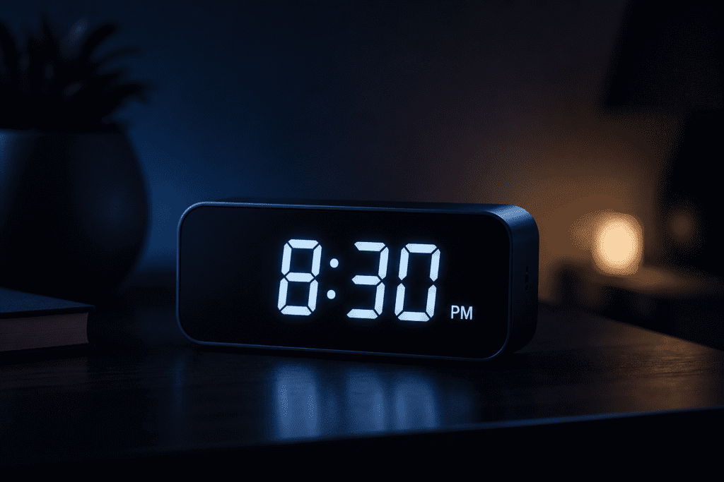 Digital alarm clock showing 8:30 PM in a dimly lit room, representing evening use and winding down